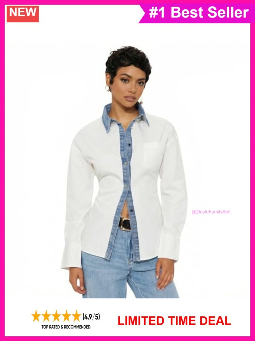Cotton Patchwork Button-Down Shirt Denim Collar Tie-Back Long Sleeve